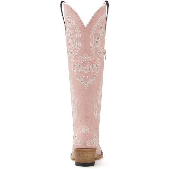 Women's Pink Embroidered Rhinestones Knee High Pointed Toe Cowgirl Boots - Picture 5 of 7